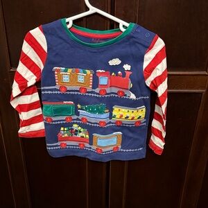 Baby Boden Blue Train Long Sleeve Shirt with Red Striped Sleeves